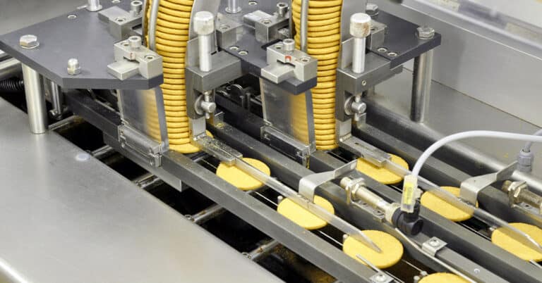 Conveyor belt with biscuits in a food factory.