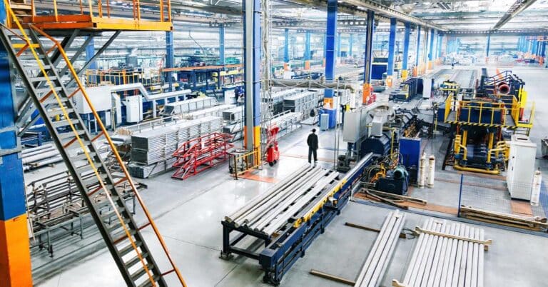 Arial shot of inside a modern manufacturing facility.