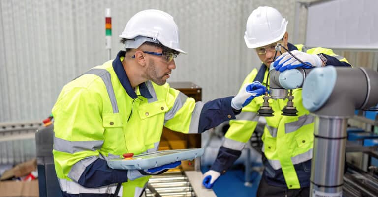 Engineer teaches trainee operation maintenance and programing robot arm to work on heavy industry.